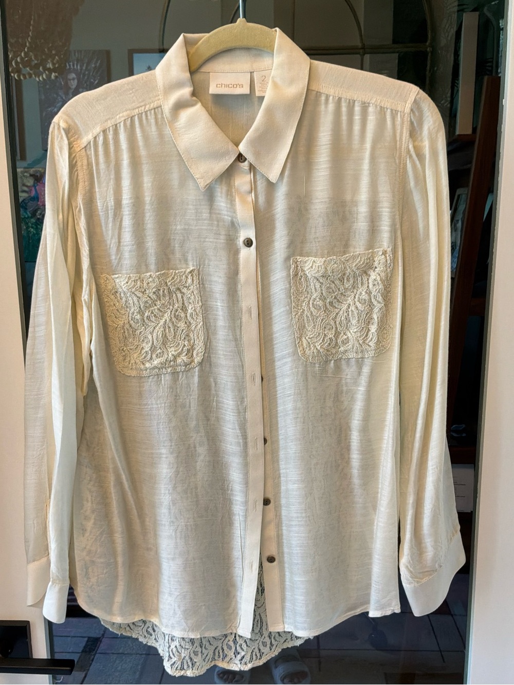 Chico's Button-Down Lace Back Shirt with Lace Pockets